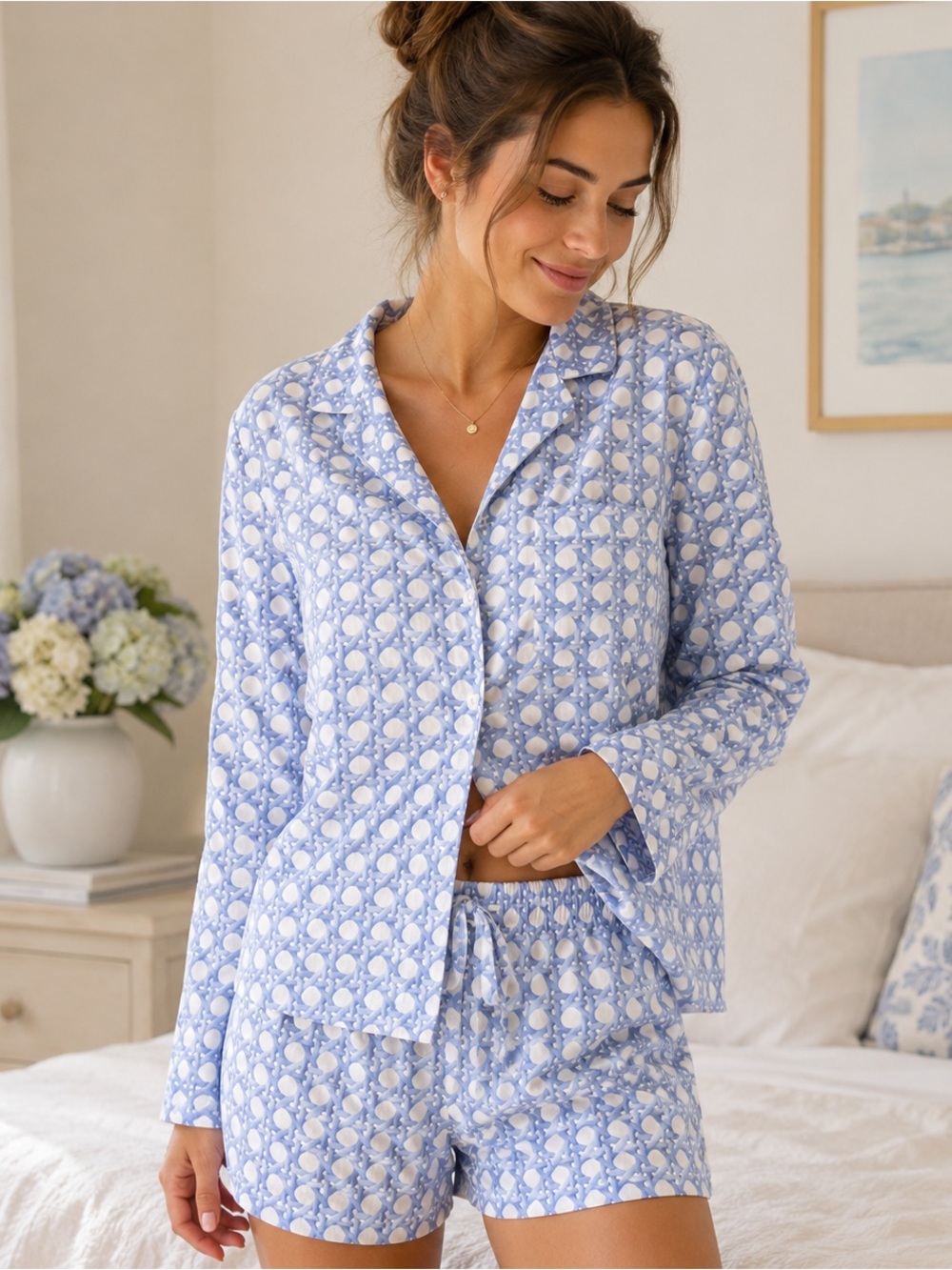 Piyama Blue White Rattan Print Pajama Set S/M Rayon Shorts Button Down